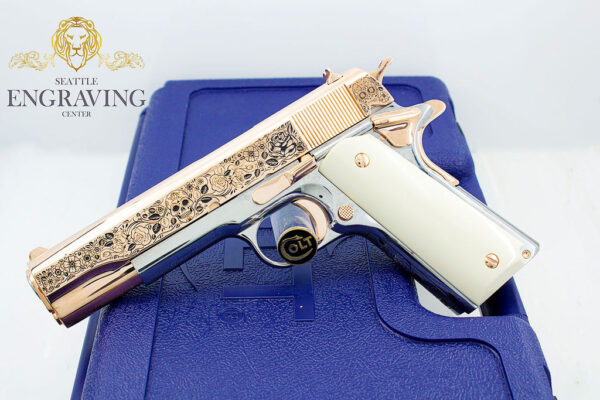 Rare COLT 1911 Government 38 SUPER Engraved with our Exclusive "DIA DE LOS MUERTOS" Design, 18K Rose Gold and 24K White Gold Plated