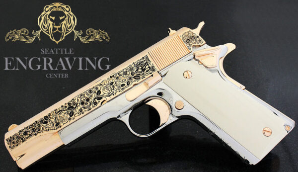 Rare COLT 1911 Government 38 SUPER Engraved with our Exclusive "DIA DE LOS MUERTOS" Design, 18K Rose Gold and 24K White Gold Plated - Image 2