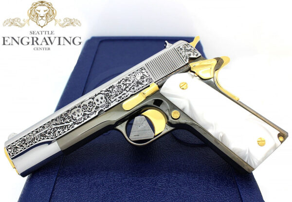1911 COLT Government 45ACP :: "DAY of the DEAD" Design, 24K Gold Plated, Black Nickle, and High Polished Stainless Steel - Image 3