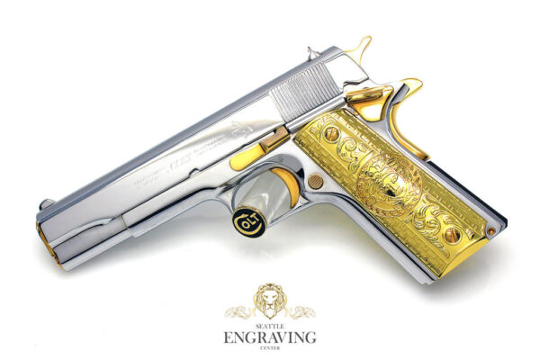*RARE* CUSTOM 1911 COLT 38 Super, High Polished White Chrome & 24K Gold