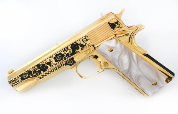 1911 COLT, 45 ACP Government, Skulls & Flowers Design, All 24K Gold Plated - Image 3