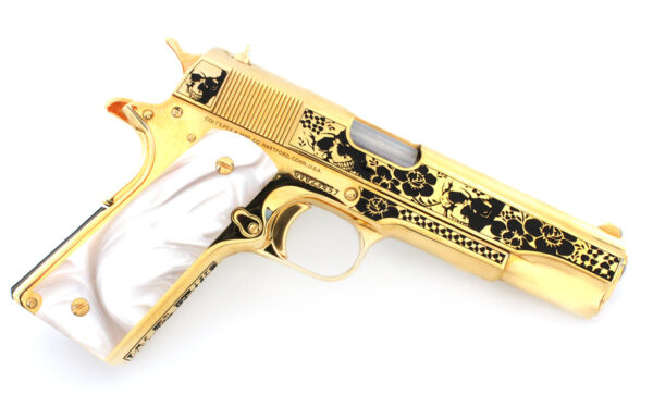 1911 COLT, 45 ACP Government, Skulls & Flowers Design, All 24K Gold Plated - Image 2