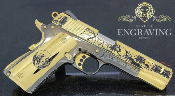 1911 COLT Competition 45ACP, Wolf & Mountain Design 24K Gold & Black Chrome with Gold Plated Magazine - Image 2