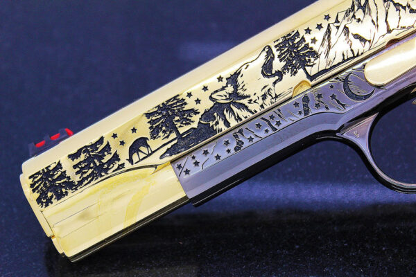 1911 COLT Competition 45ACP, Wolf & Mountain Design 24K Gold & Black Chrome with Gold Plated Magazine - Image 3