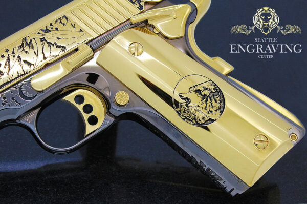 1911 COLT Competition 45ACP, Wolf & Mountain Design 24K Gold & Black Chrome with Gold Plated Magazine - Image 5