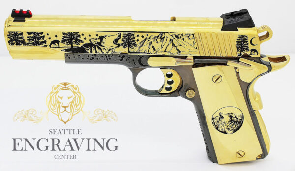 1911 COLT Competition 45ACP, Wolf & Mountain Design 24K Gold & Black Chrome with Gold Plated Magazine - Image 3