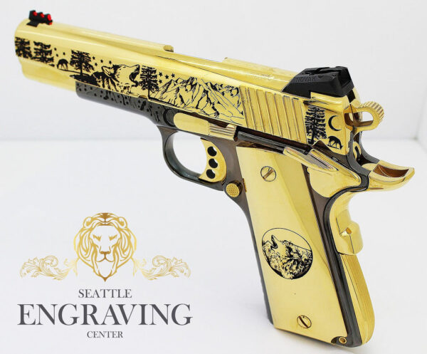1911 COLT Competition 45ACP, Wolf & Mountain Design 24K Gold & Black Chrome with Gold Plated Magazine - Image 4