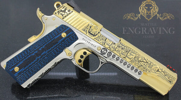 COLT 1911 38 Super Competition, High Polish Stainless Steel and 24K Gold, Mexican Heritage Design - Image 2