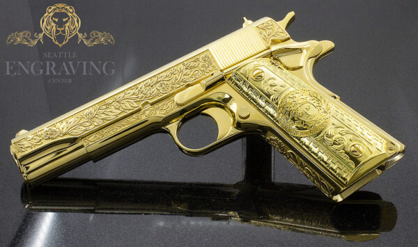Custom 1911 COLT 45ACP - "Flower & Leaf" Design, 24K Gold Plated with Diamonds - Image 3
