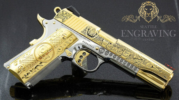 1911 COLT 38 Super, Enhanced Competition Series 80, "Mexican Heritage" Design, High Polish Stainless Steel and 24K Gold - Image 2