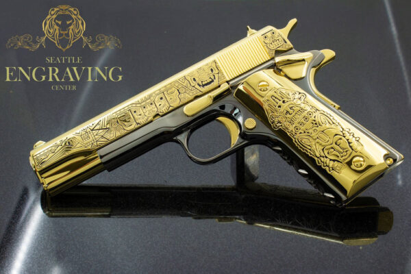 RARE COLT 38 Super, "EL JEFE DE JEFES" Mexican Heritage Design in 24K GOLD & Black Chrome - Image 2