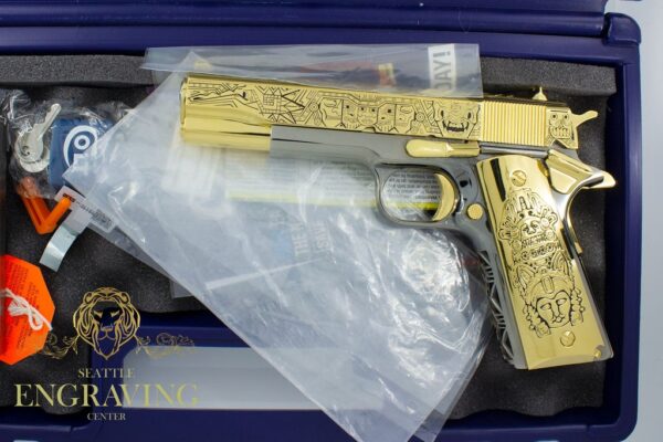 COLT 45ACP, "EL JEFE DE JEFES" Design, 24K GOLD & Black Chrome *** HOT *** - Image 3