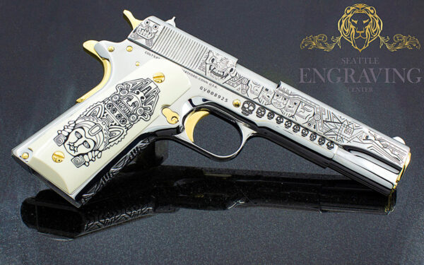 COLT 1911 Government 38 Super, Mexican Heritage Hi Polish Stainless Steel with 24K Gold - Image 2