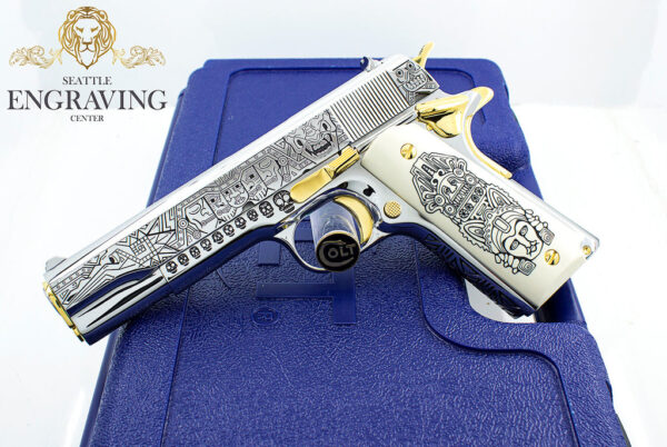 COLT 1911 Government 38 Super, Mexican Heritage Hi Polish Stainless Steel with 24K Gold - Image 3