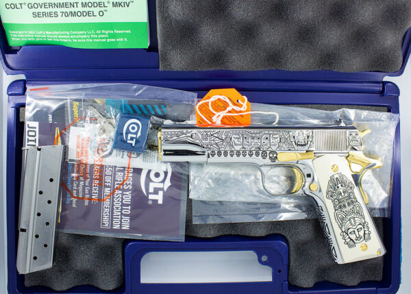 COLT 1911 Government 38 Super, Mexican Heritage Hi Polish Stainless Steel with 24K Gold - Image 4