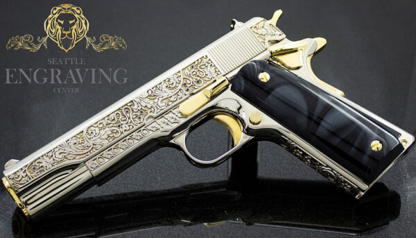 1911 COLT 45 Government, "Vine & Berries" Design, 24K White Gold with Sapphire inlay and 24K Gold