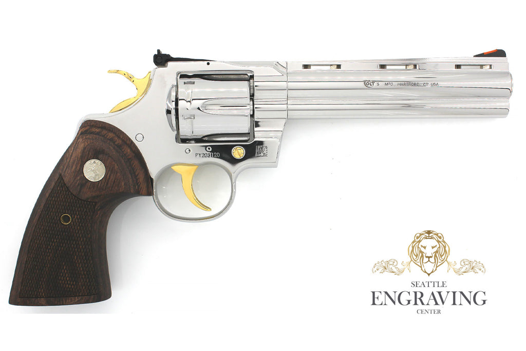 Custom COLT Python 6", 357 Magnum, High Polished Stainless Steel & 24K Gold and Wood Grips - Image 2