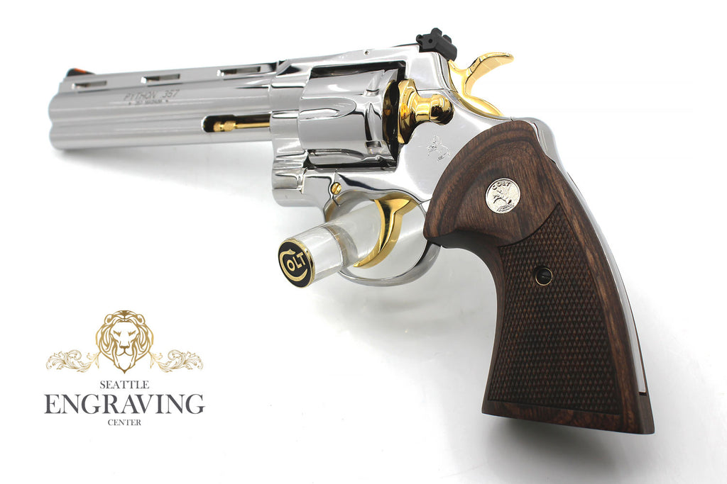 Custom COLT Python 6", 357 Magnum, High Polished Stainless Steel & 24K Gold and Wood Grips - Image 3