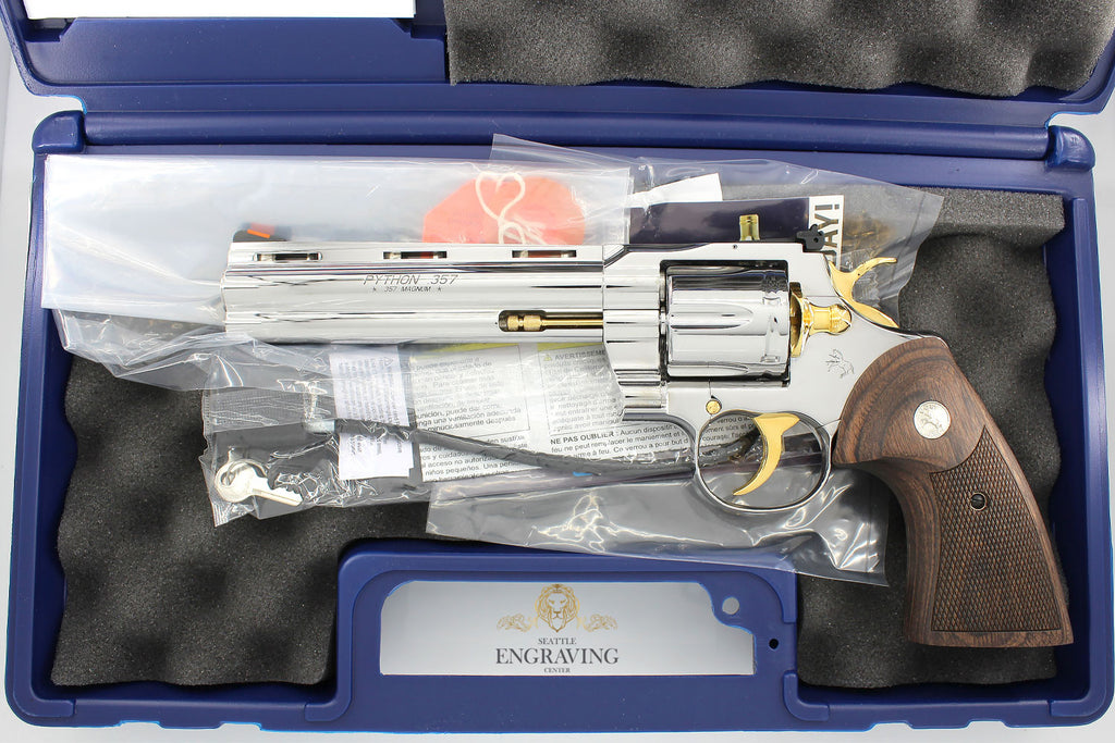 Custom COLT Python 6", 357 Magnum, High Polished Stainless Steel & 24K Gold and Wood Grips - Image 5